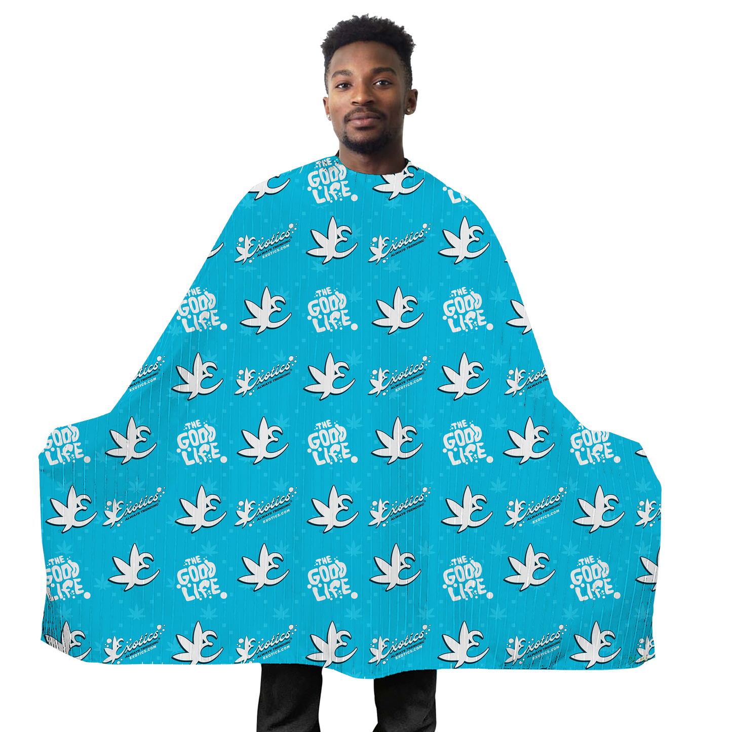 Exotics blue barber cape with white logos