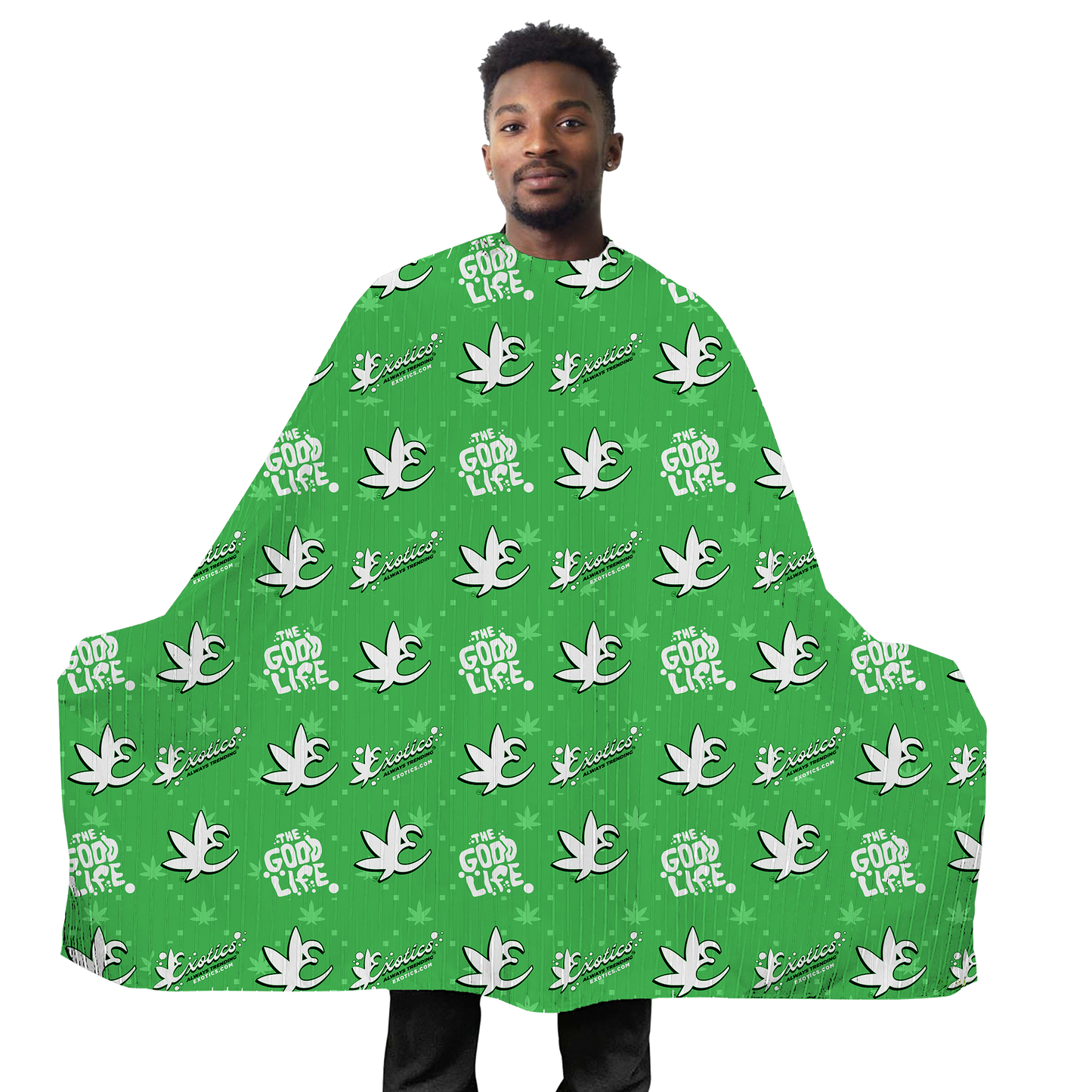 Exotics green barber cape with white logos