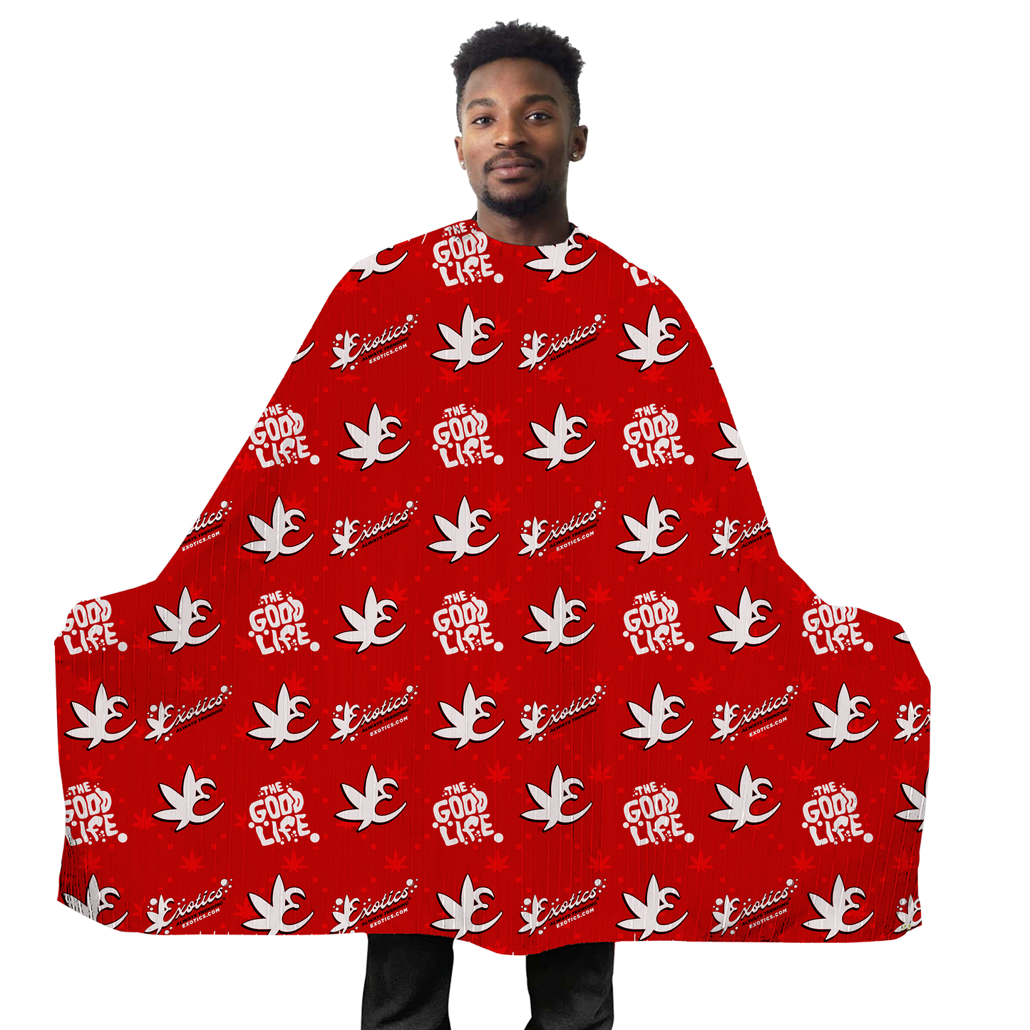 Exotics red barber cape with white logos