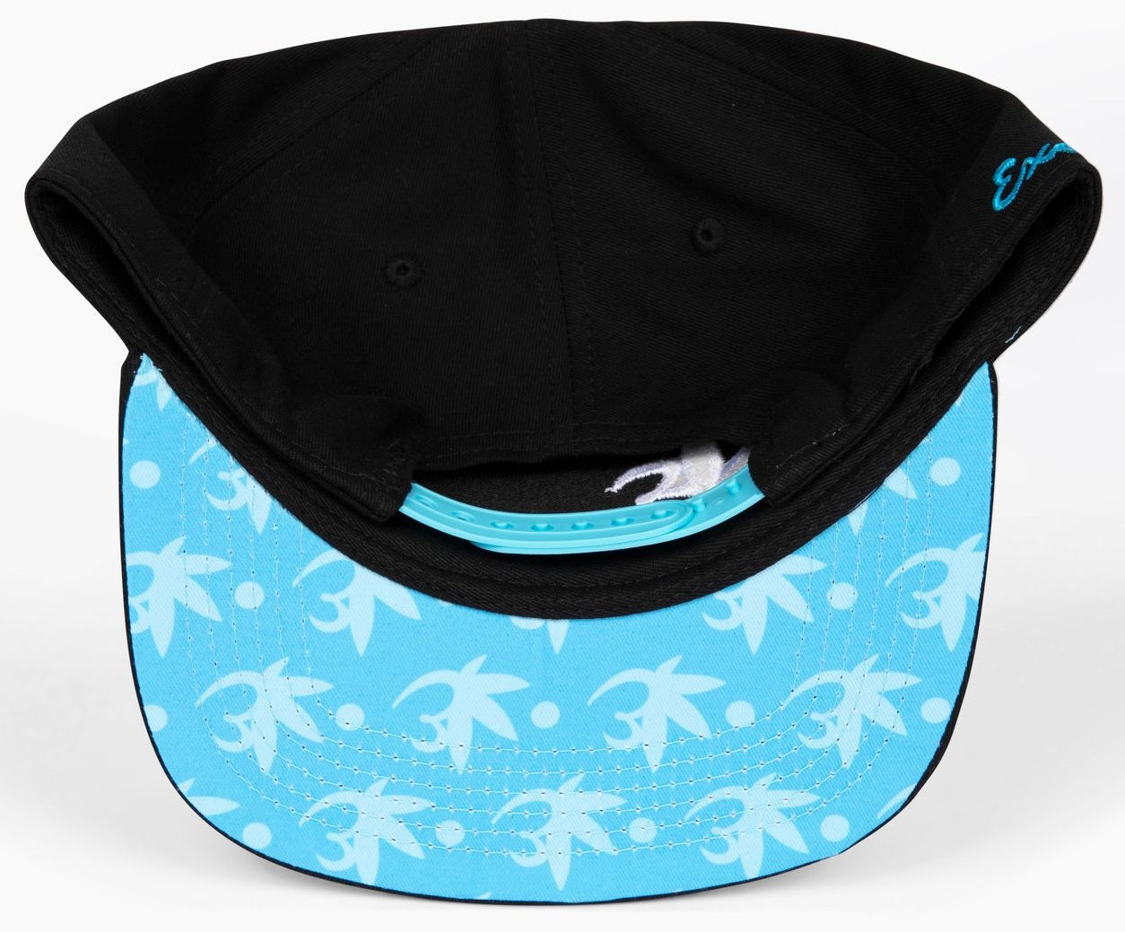 Black Exotics logo snapback hat with blue brim and snap