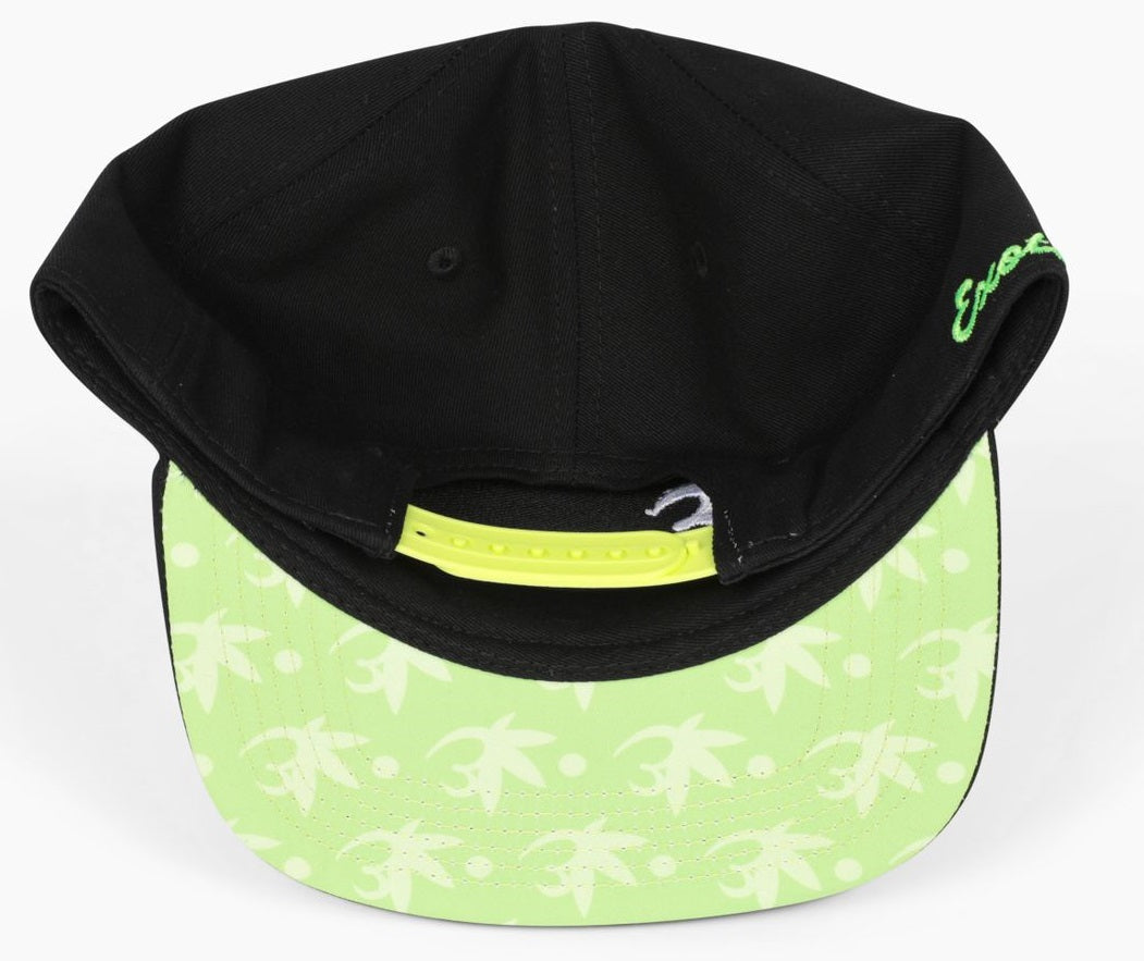 Black Exotics snapback hat with green brim and snap