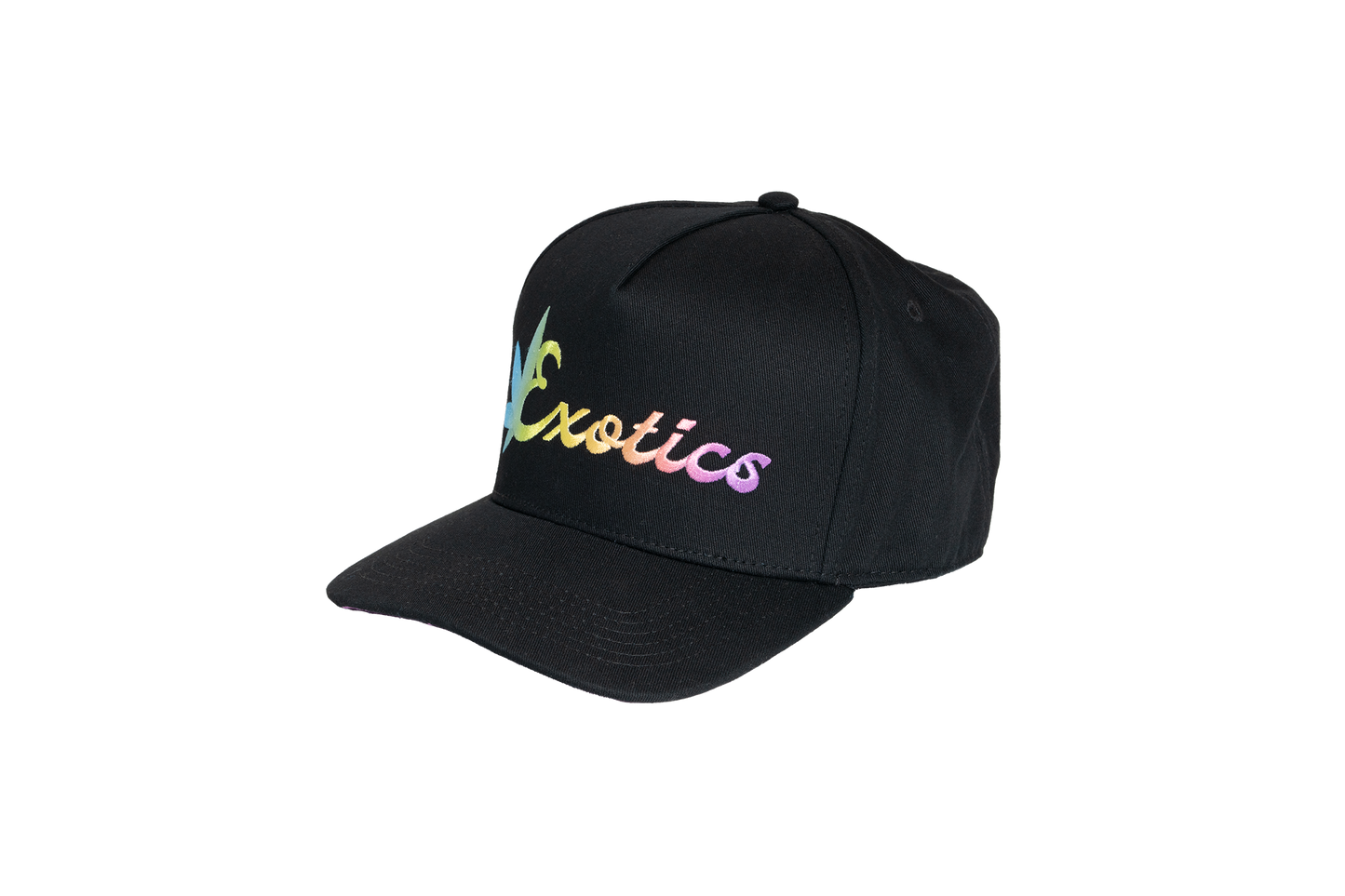 Black Exotics snapback hat with embroidered rainbow logo