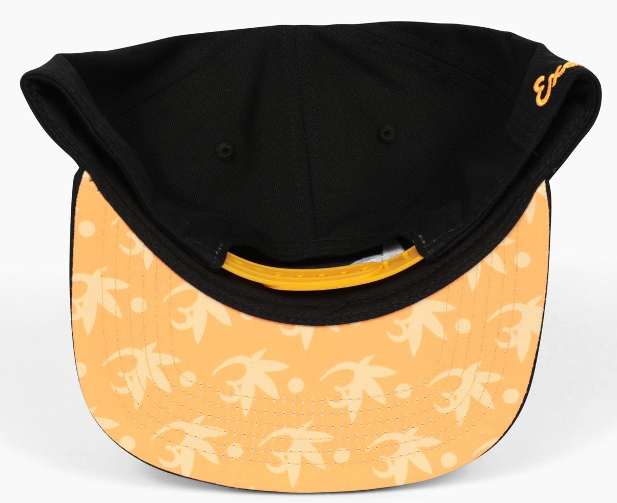 Black Exotics snapback hat with orange brim and snap