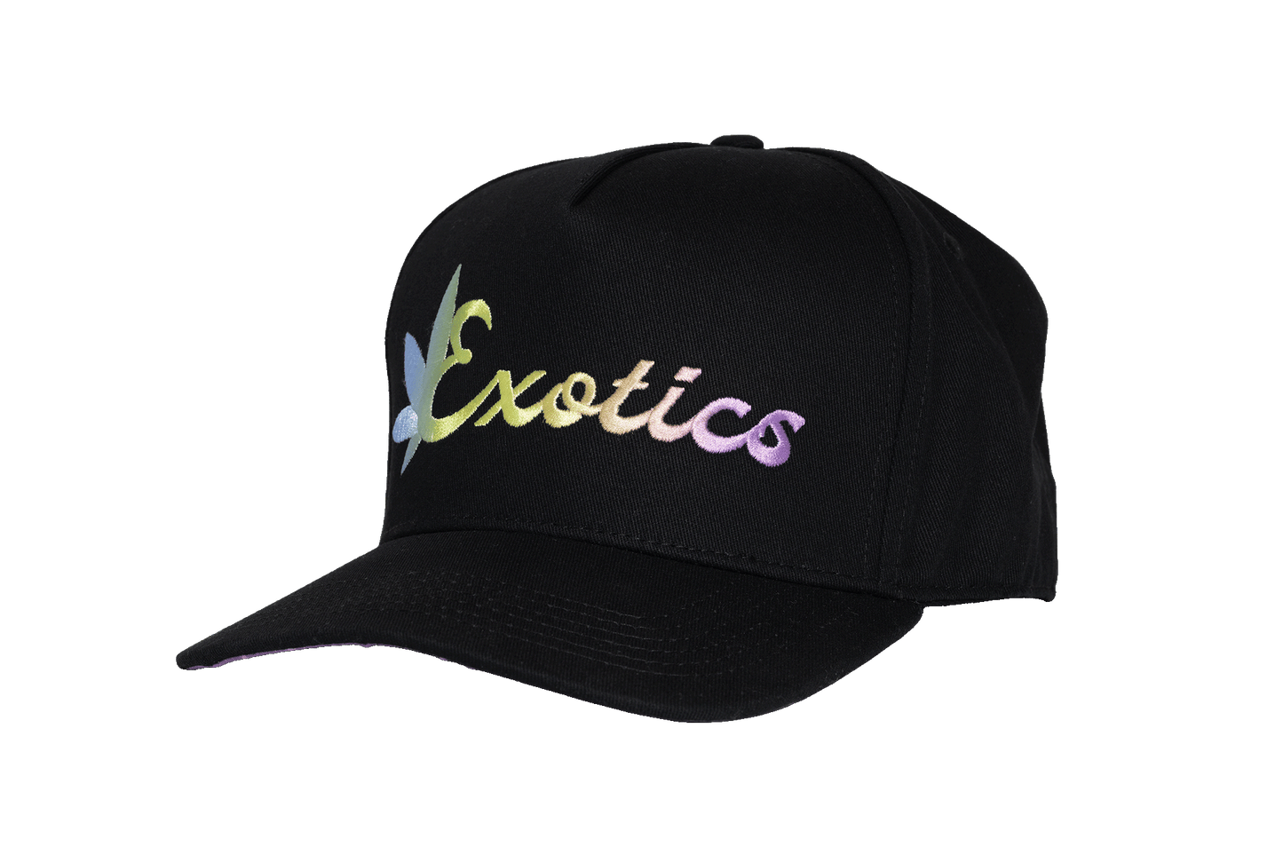 Black Exotics snapback hat with embroidered rainbow logo