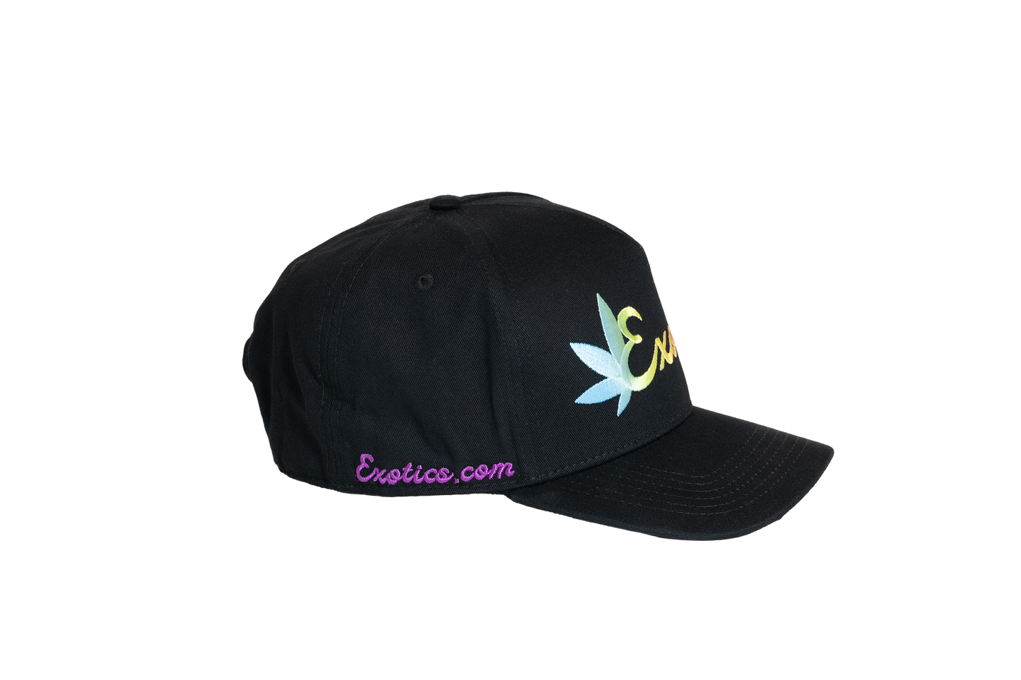 Side of black Exotics snapback hat with embroidered rainbow logo