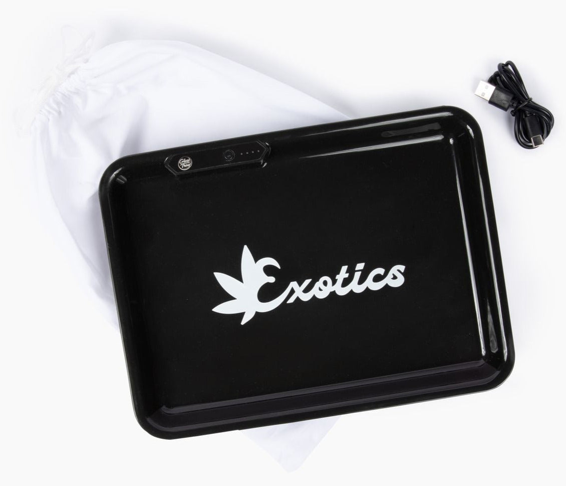 Black LED valet tray with white Exotics logo