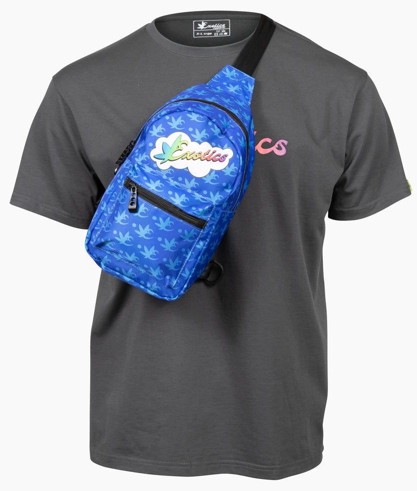 Blue Exotics crossbody shoulder bag with rainbow logo