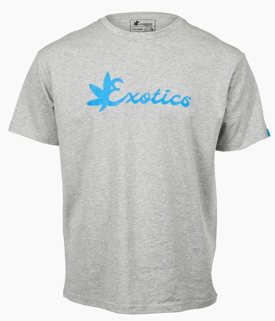 Gray Exotics tee t-shirt with blue logo on front