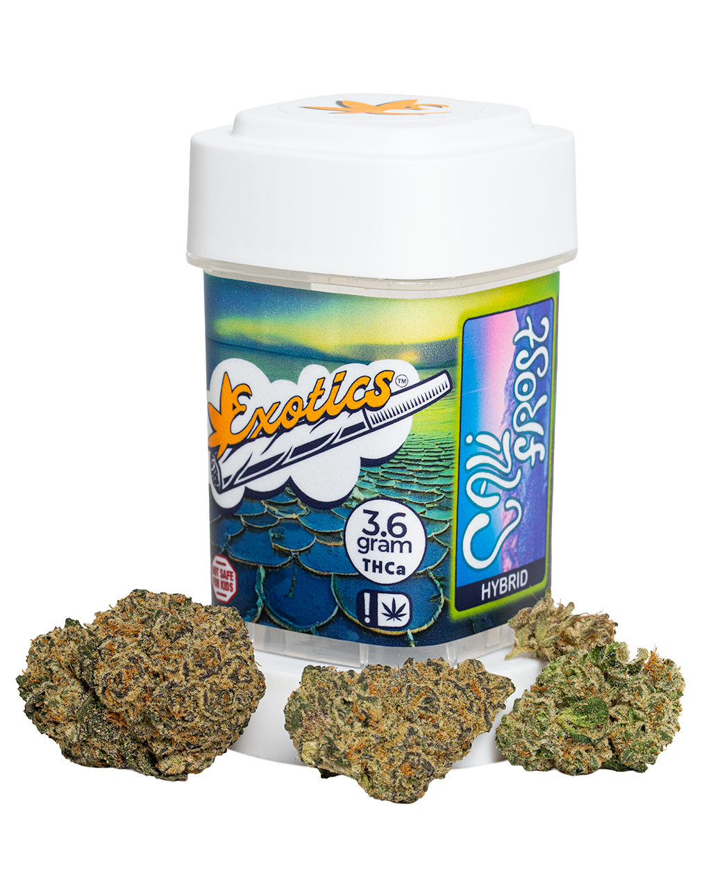 Exotics Cali Frost hybrid cannabis strain container and buds