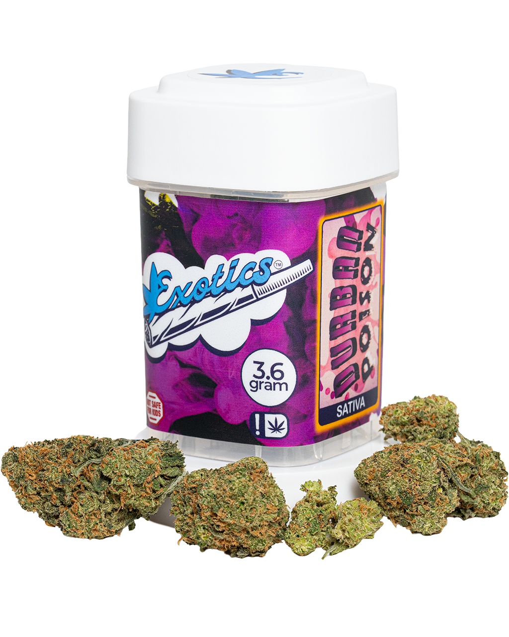 Exotics Durban Poison sativa cannabis strain container and buds
