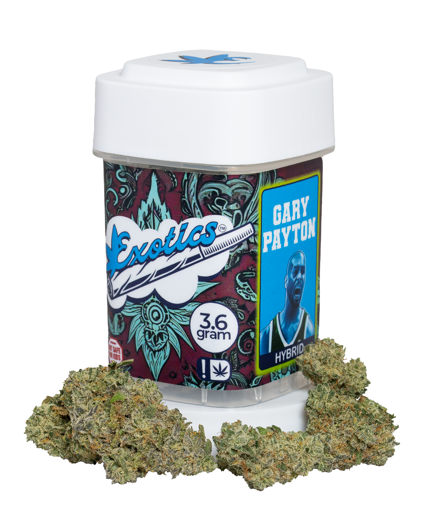 Exotics Gary Payton hybrid cannabis strain container and flower buds