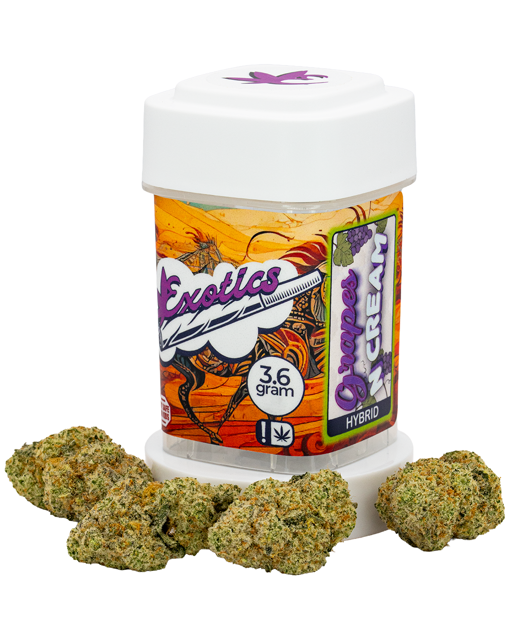 Exotics Grapes N Cream hybrid cannabis strain container and flower buds