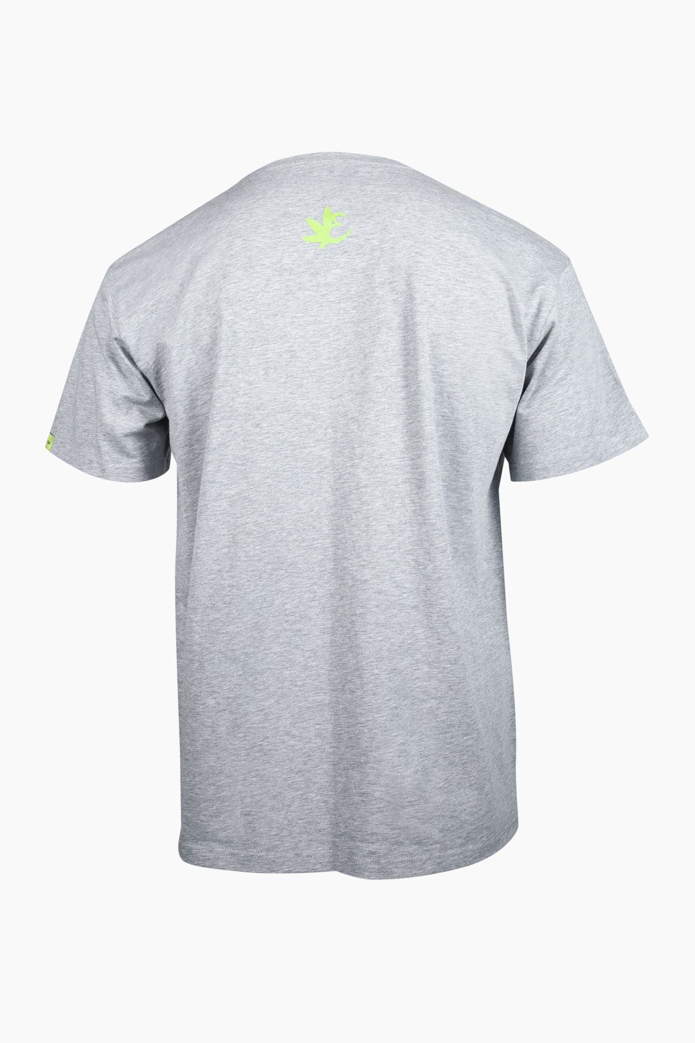 Gray Exotics tee t-shirt with green logo on back