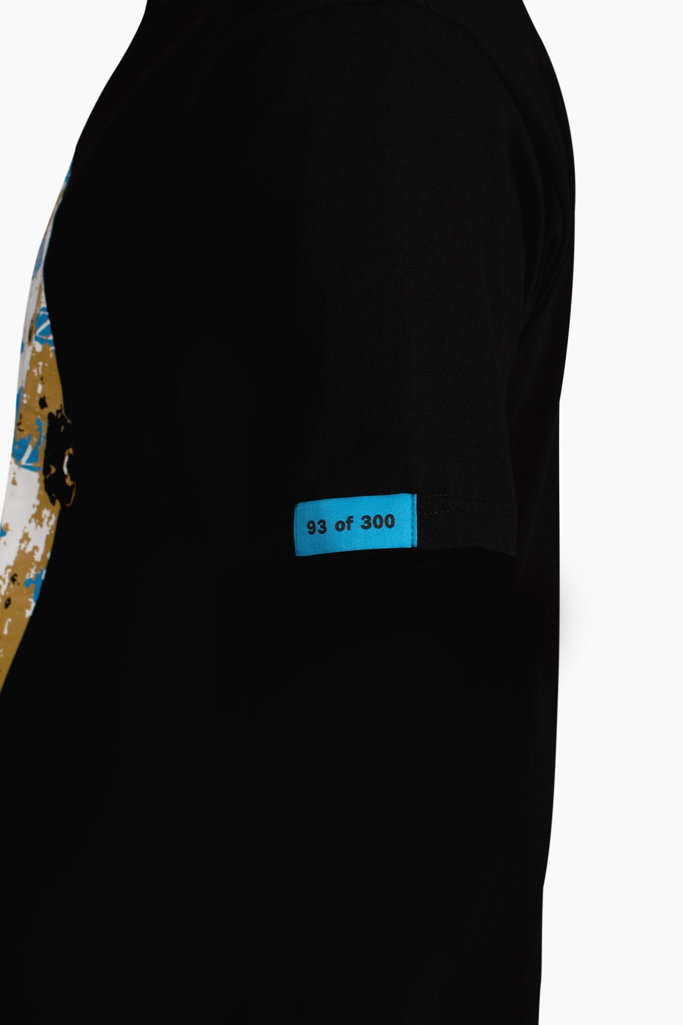 Side view of black Exotics Jason mask tee t-shirt with blue sleeve tag