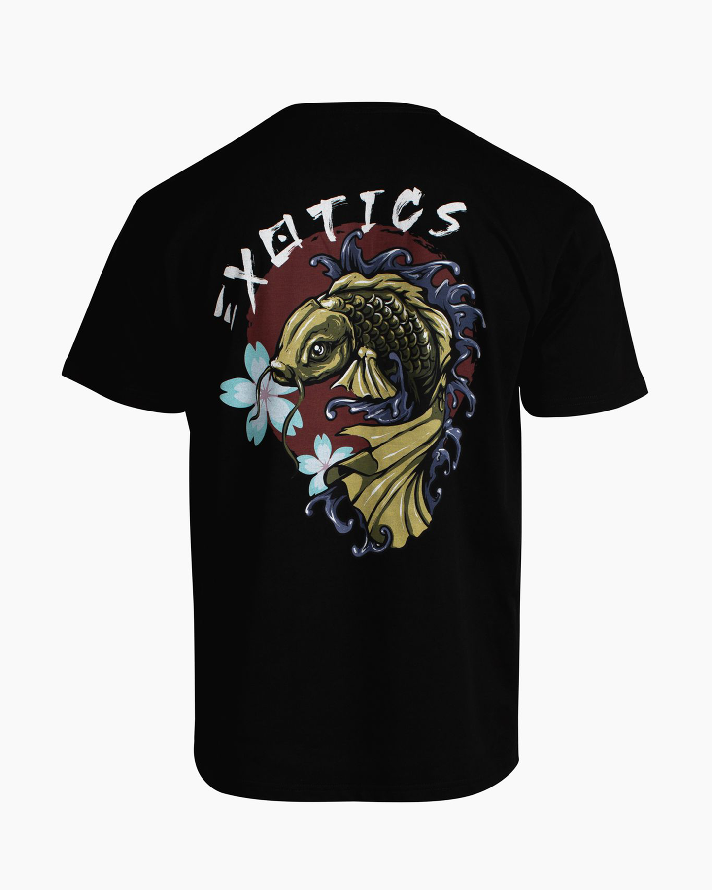 Back of black Exotics koi fish and flowers design tee t-shirt