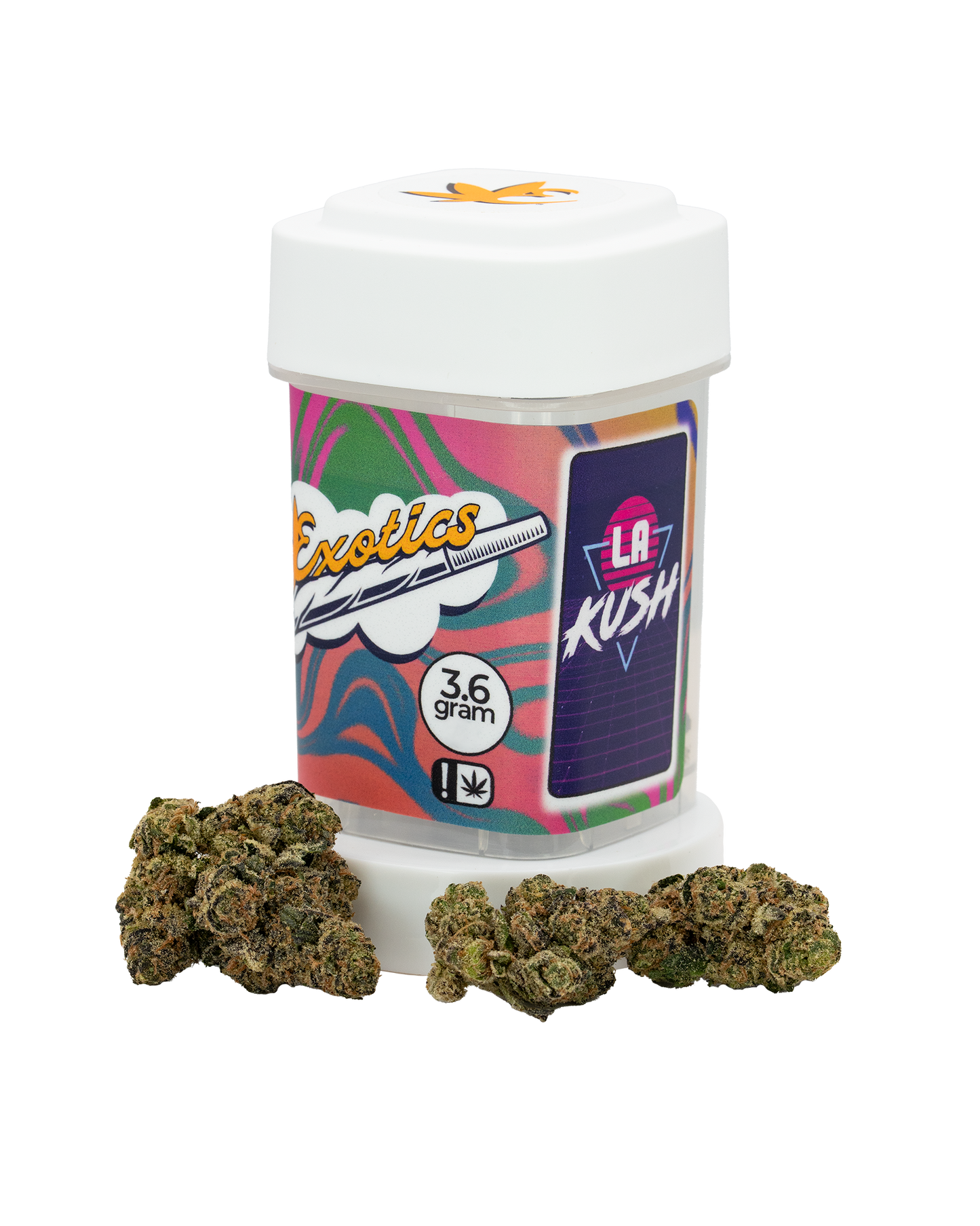 Exotics LA Kush hybrid cannabis strain container and flower buds