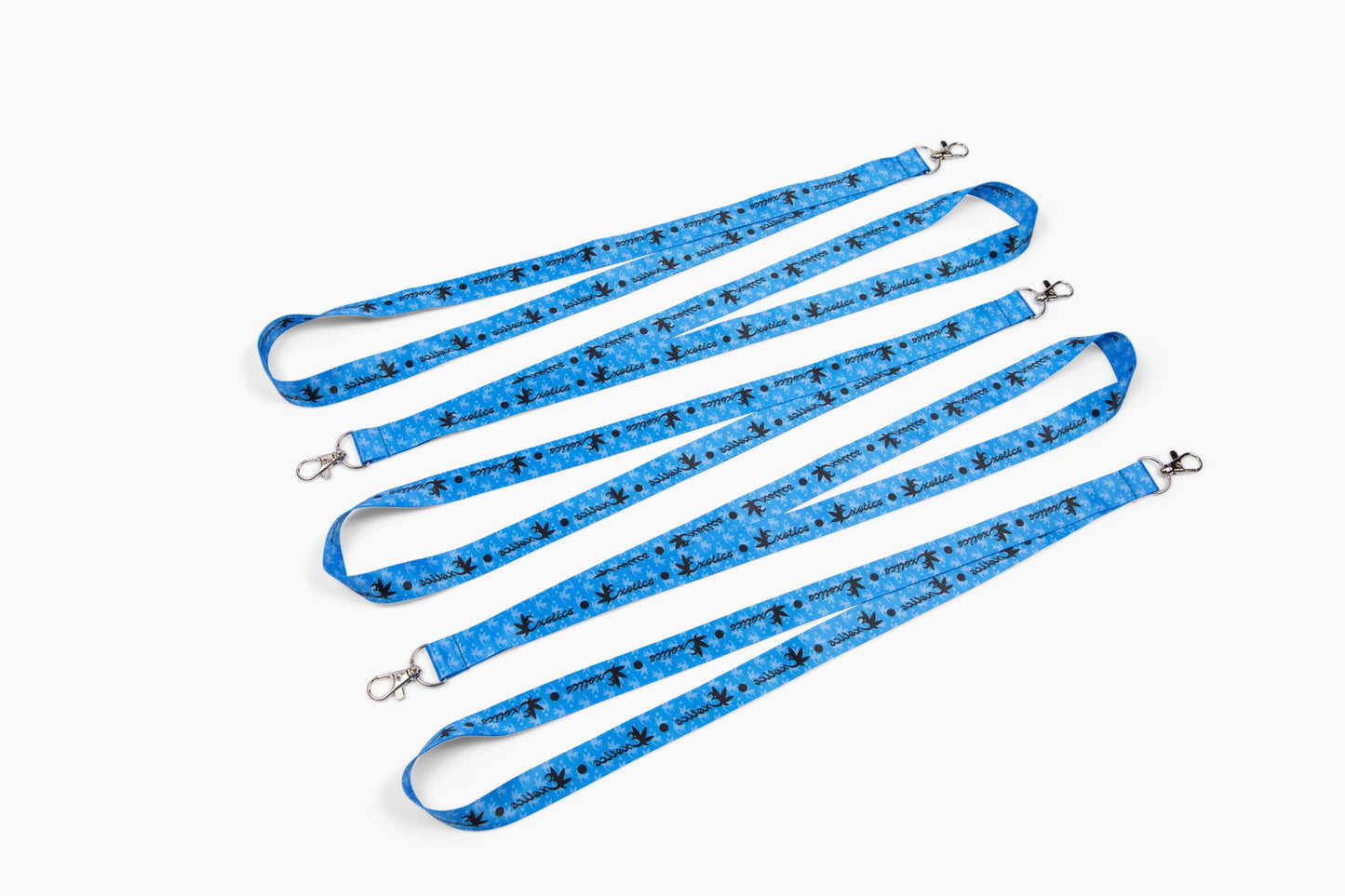 Five blue Exotics logo lanyards