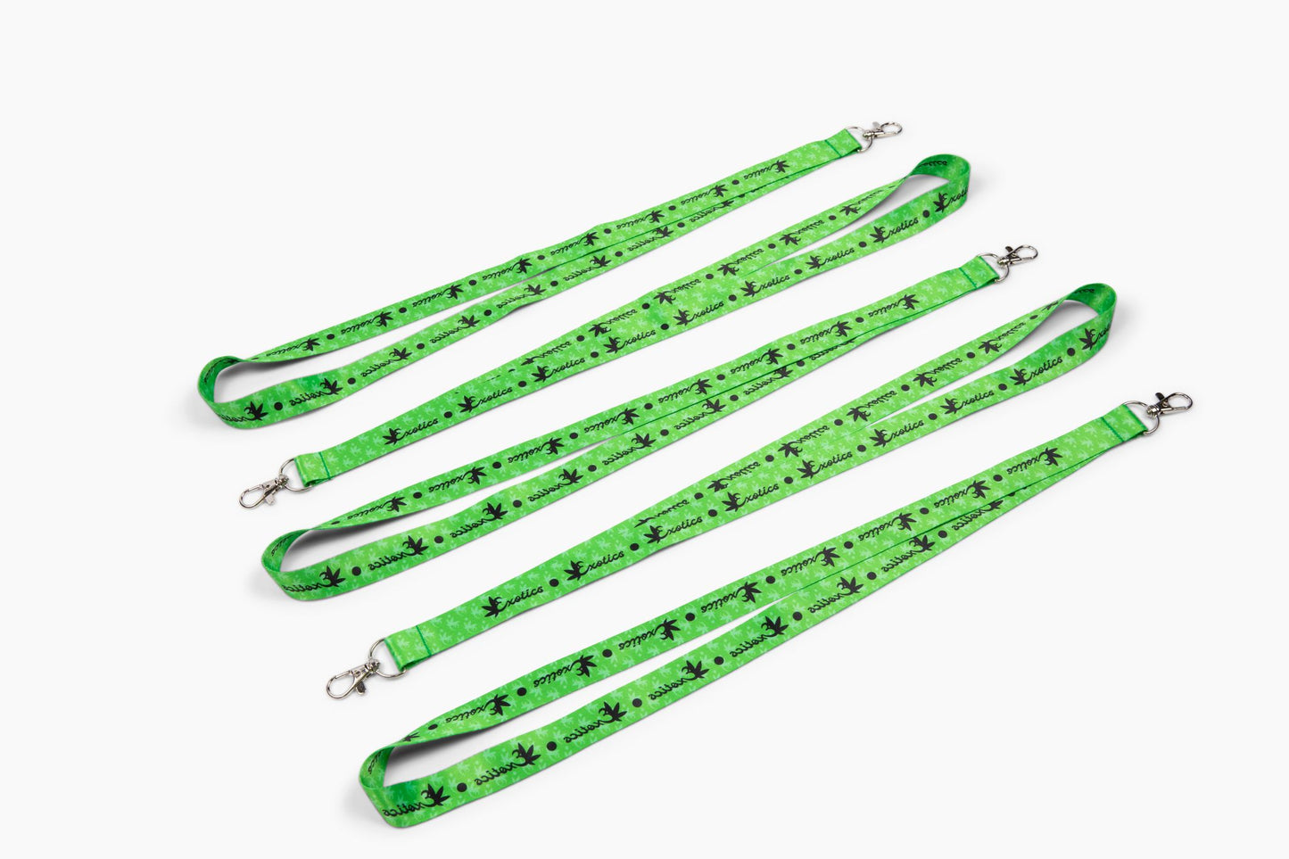 Five green Exotics logo lanyards
