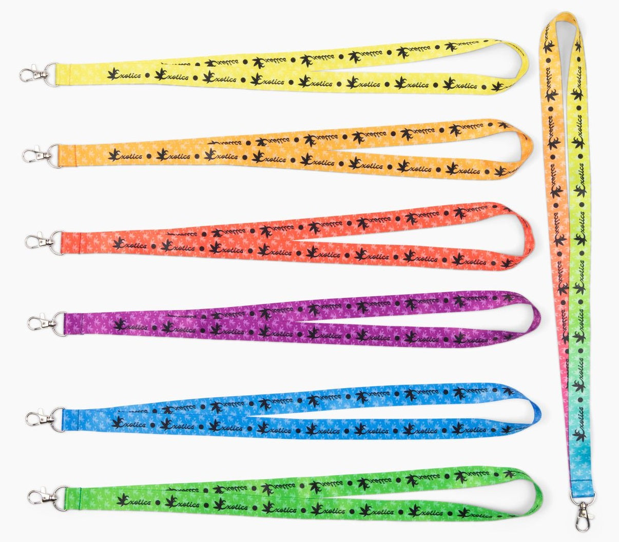 Exotics logo lanyards in a rainbow of colors