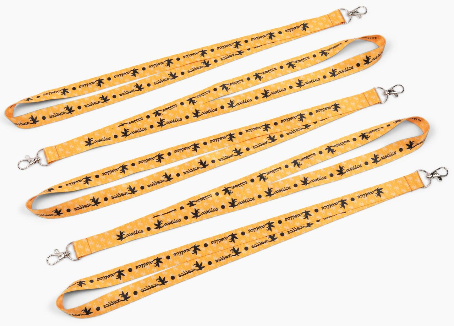 Five orange Exotics logo lanyards