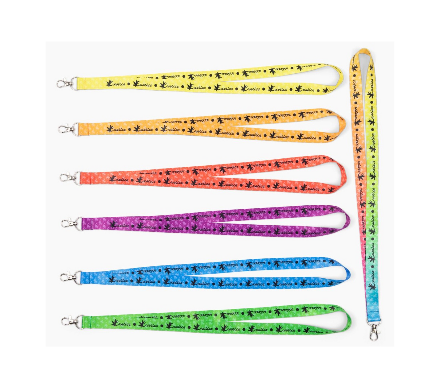 Exotics logo lanyards in a rainbow of colors