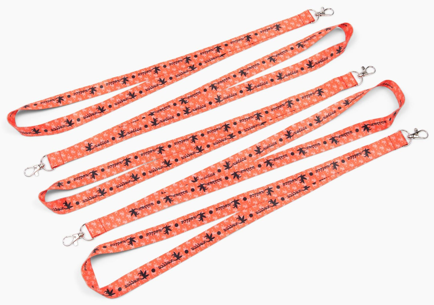 Five red Exotics logo lanyards