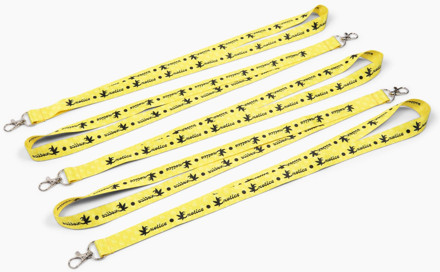 Five yellow Exotics logo lanyards