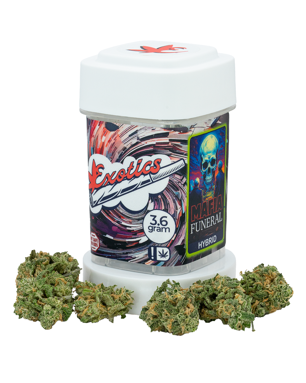Exotics Mafia Funeral hybrid cannabis strain container and flower buds