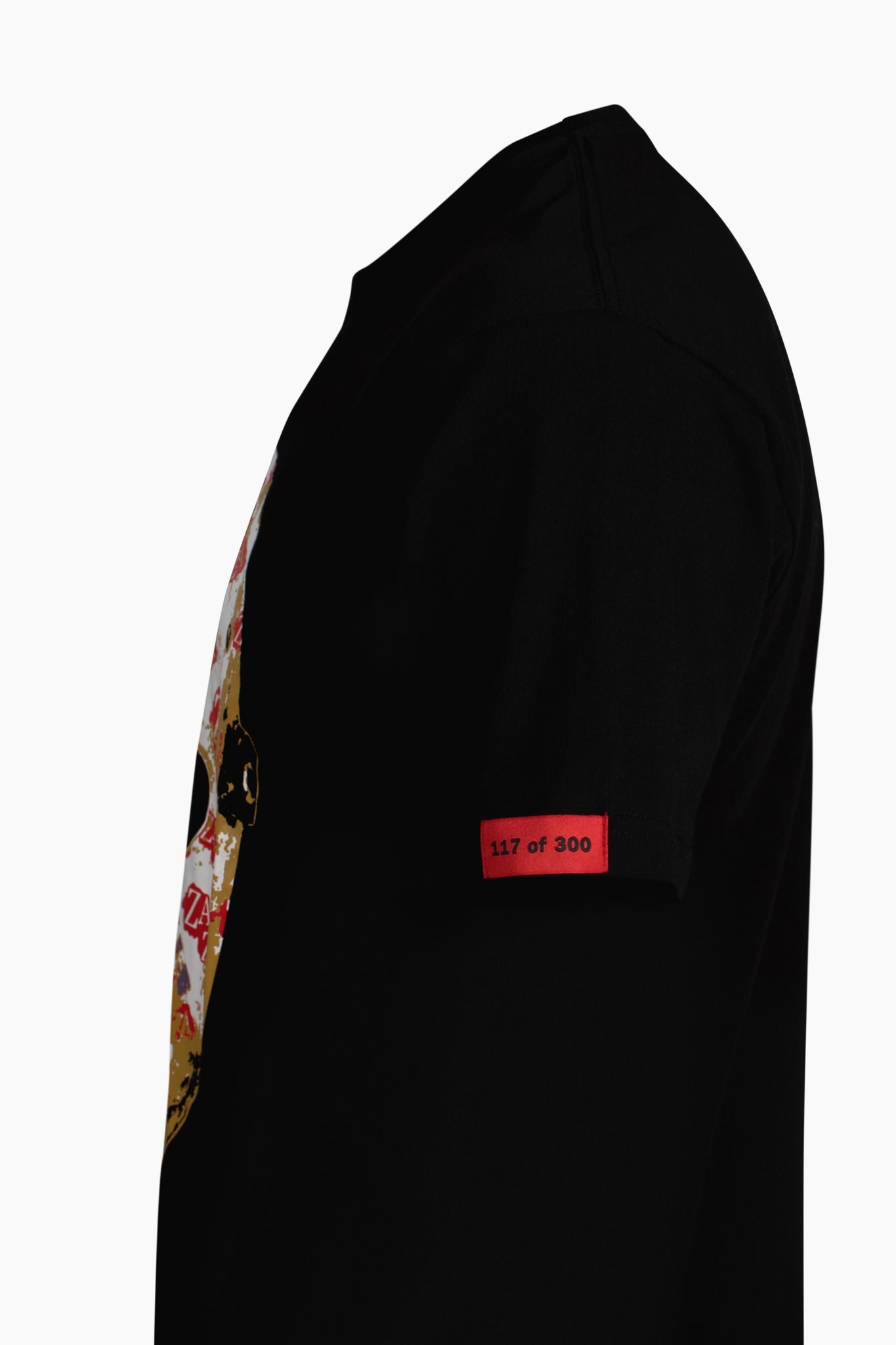Side view of black Michael Myers Exotics tee t-shirt with red sleeve tag