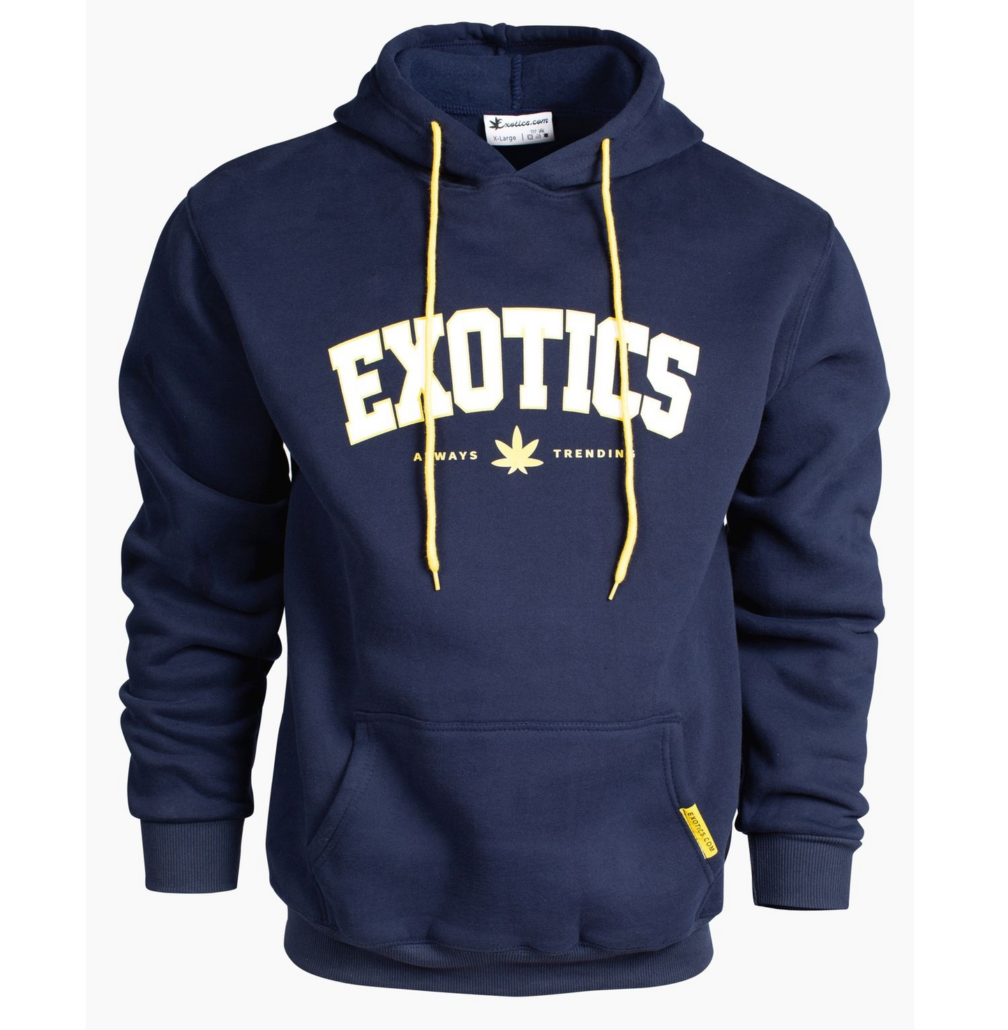 Navy blue kangaroo pocket pullover hoodie with white Exotics logo and yellow drawstrings