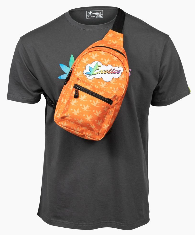 Orange Exotics crossbody shoulder bag with rainbow logo
