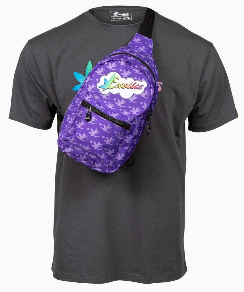 Purple Exotics crossbody shoulder bag with rainbow logo