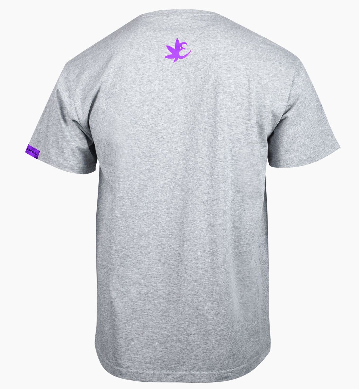 Gray Exotics tee t-shirt with purple logo on back