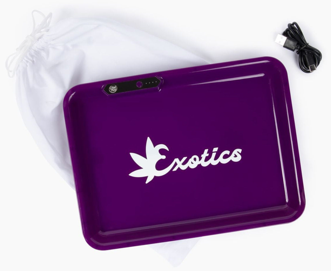 Purple LED valet tray with white Exotics logo