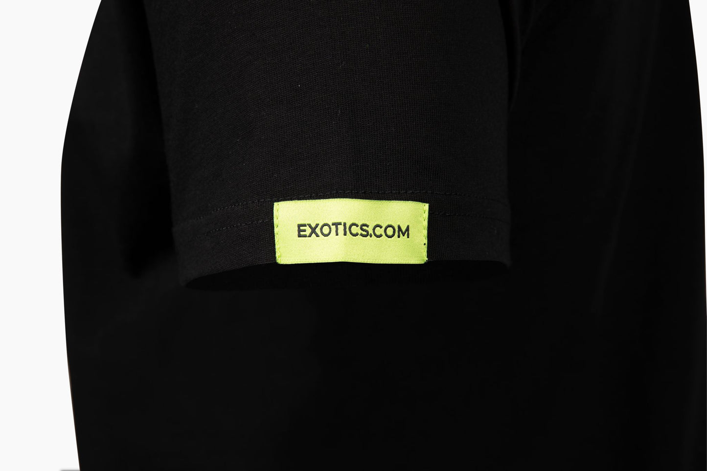 Black Exotics tee t-shirt with rainbow tag on left sleeve