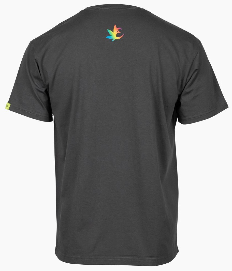 Charcoal gray Exotics tee t-shirt with rainbow logo on back