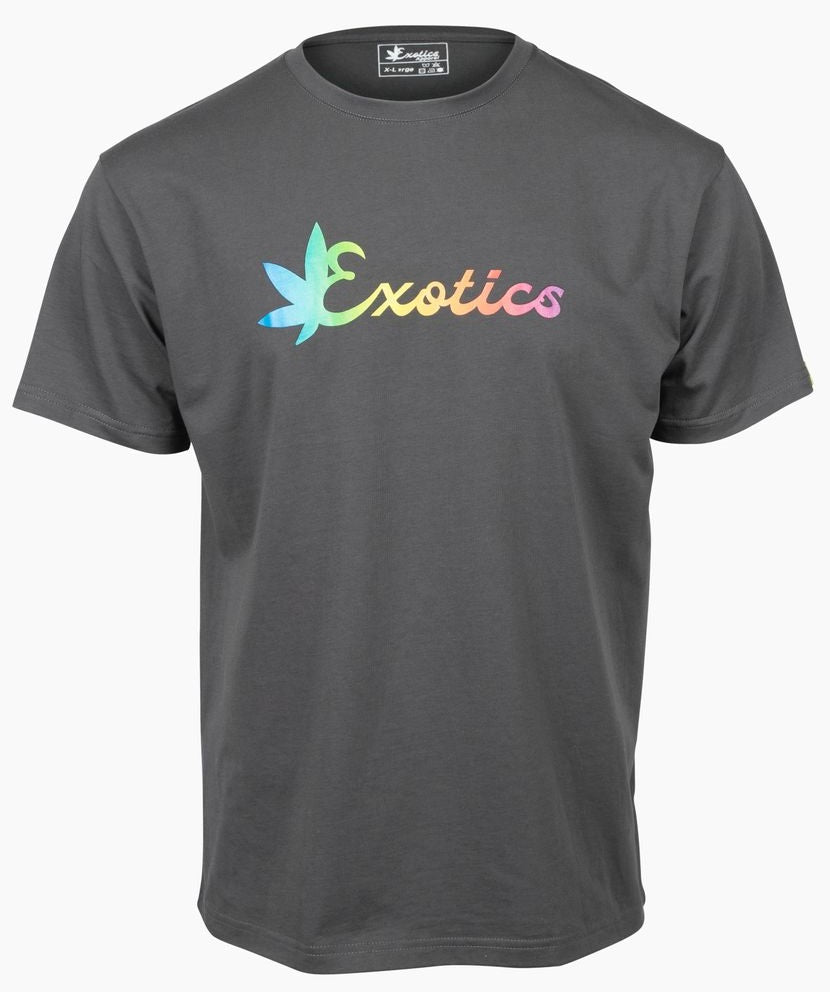 Charcoal gray Exotics tee t-shirt with rainbow logo on front