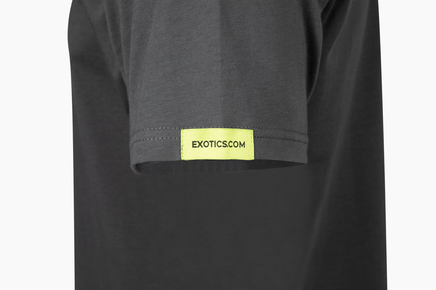Charcoal gray Exotics tee t-shirt with rainbow tag on left sleeve