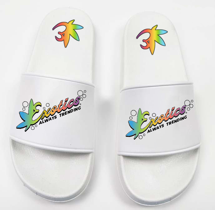 White Exotics slides with rainbow logo