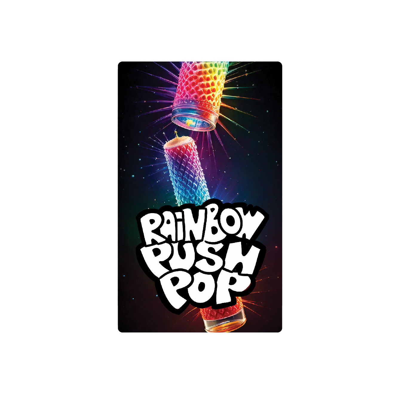 Exotics Rainbow Push Pop cannabis indica hybrid strain label artwork