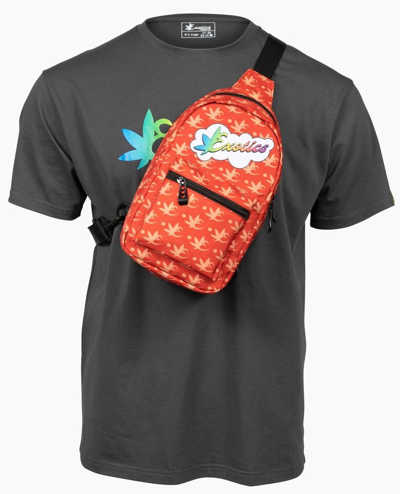 Red Exotics crossbody shoulder bag with rainbow logo
