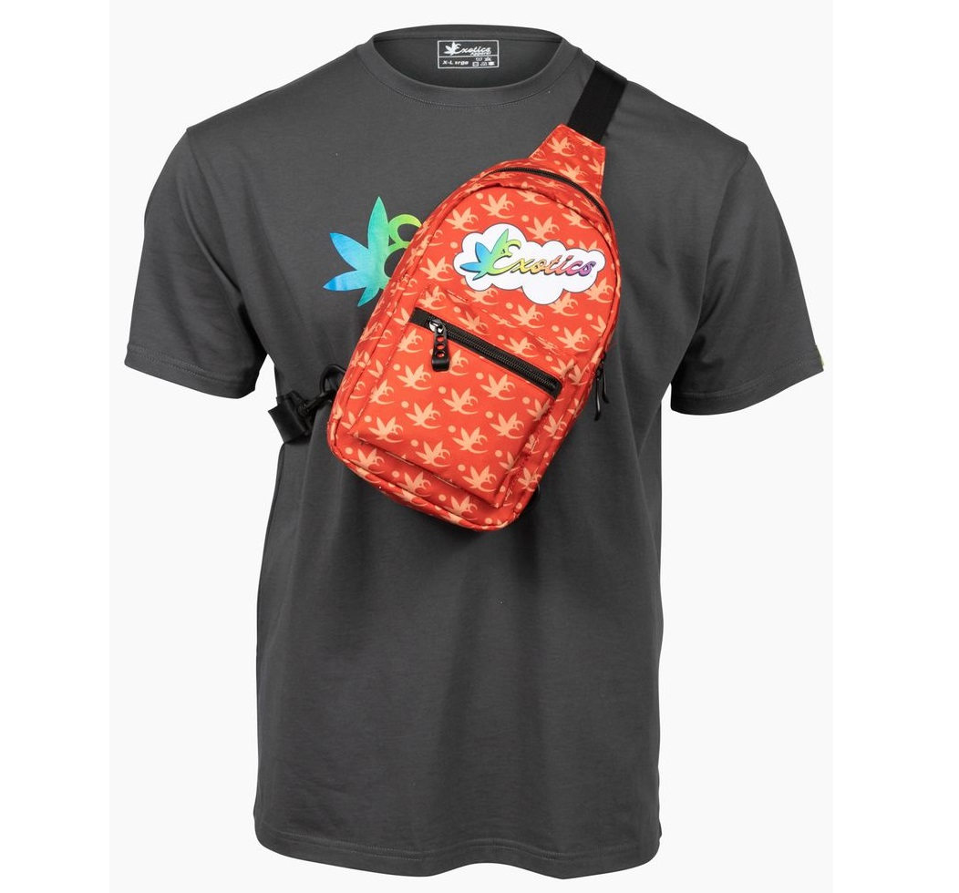 Red Exotics crossbody shoulder bag with rainbow logo