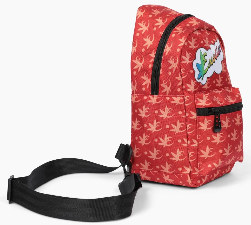 Red Exotics crossbody shoulder bag with rainbow logo
