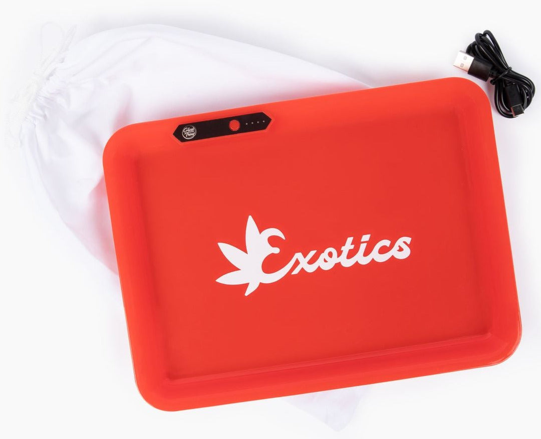 Red LED valet tray with white Exotics logo