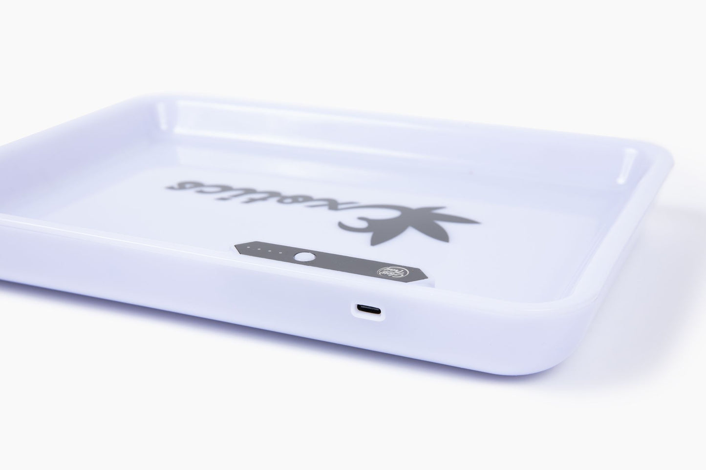 Close-up of white Exotics LED valet tray