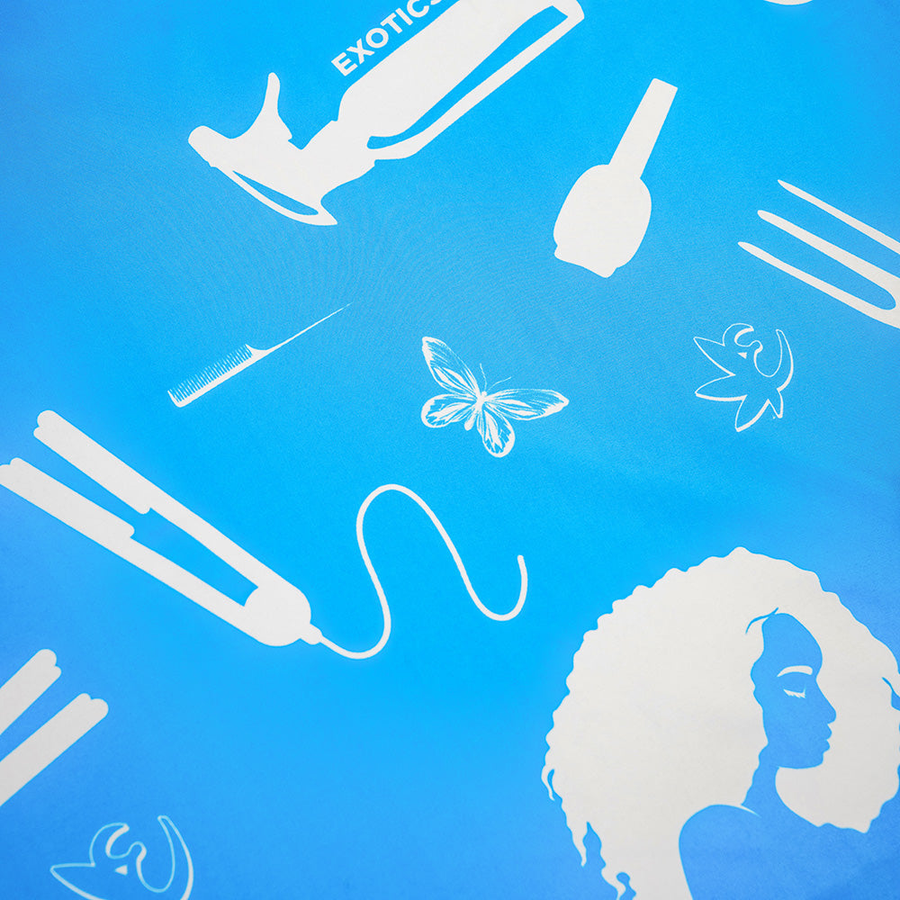 Detail of blue and white Exotics salon cape