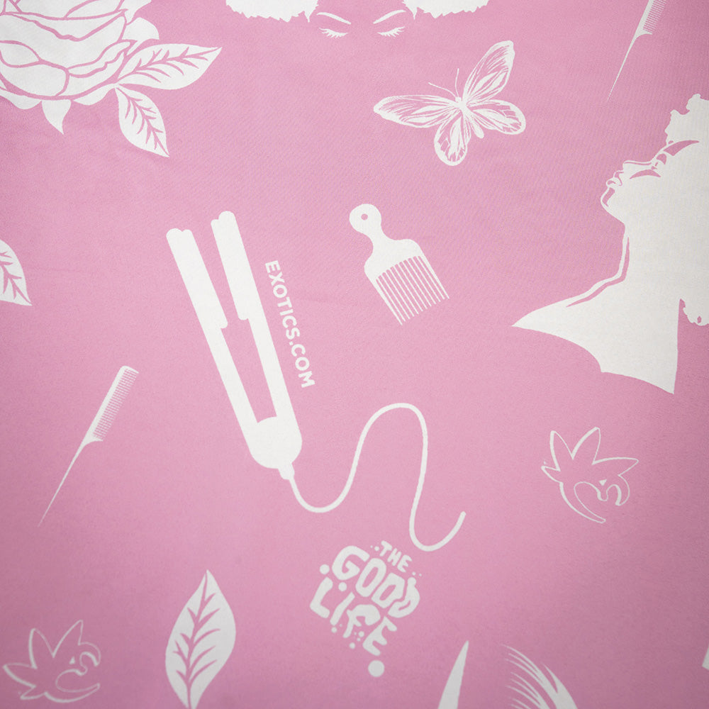 Detail of pink and white Exotics salon cape