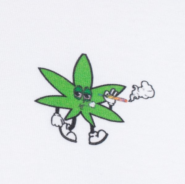 Detail of white Exotics Smoke Detroit tee t-shirt smoking pot leaf on chest