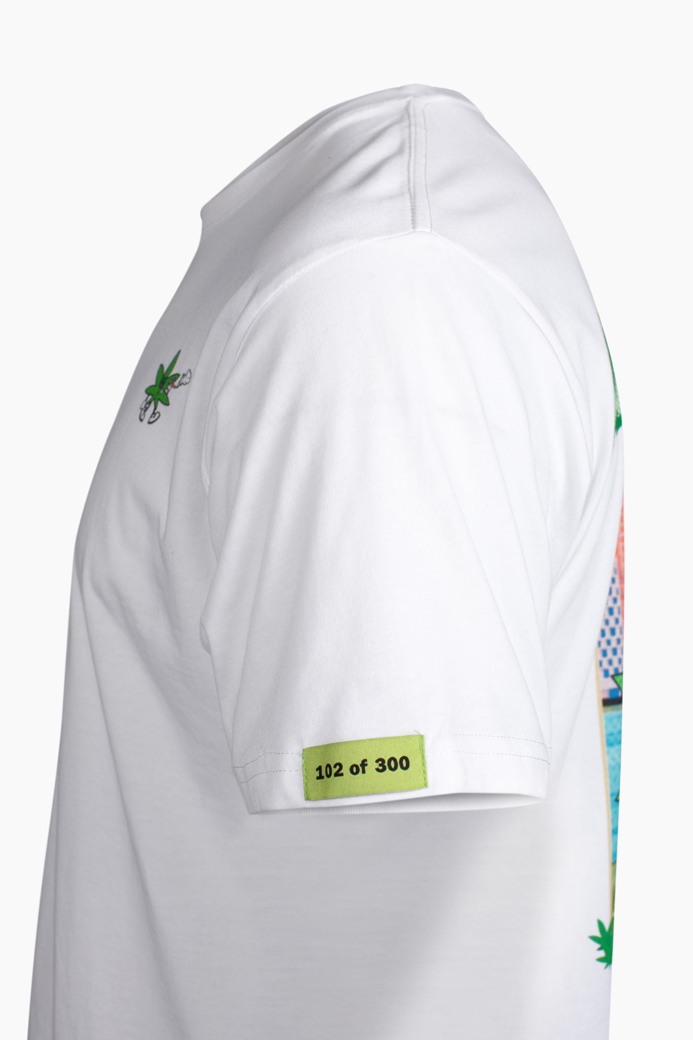 Side view of white Exotics Smoke Detroit tee t-shirt sleeve