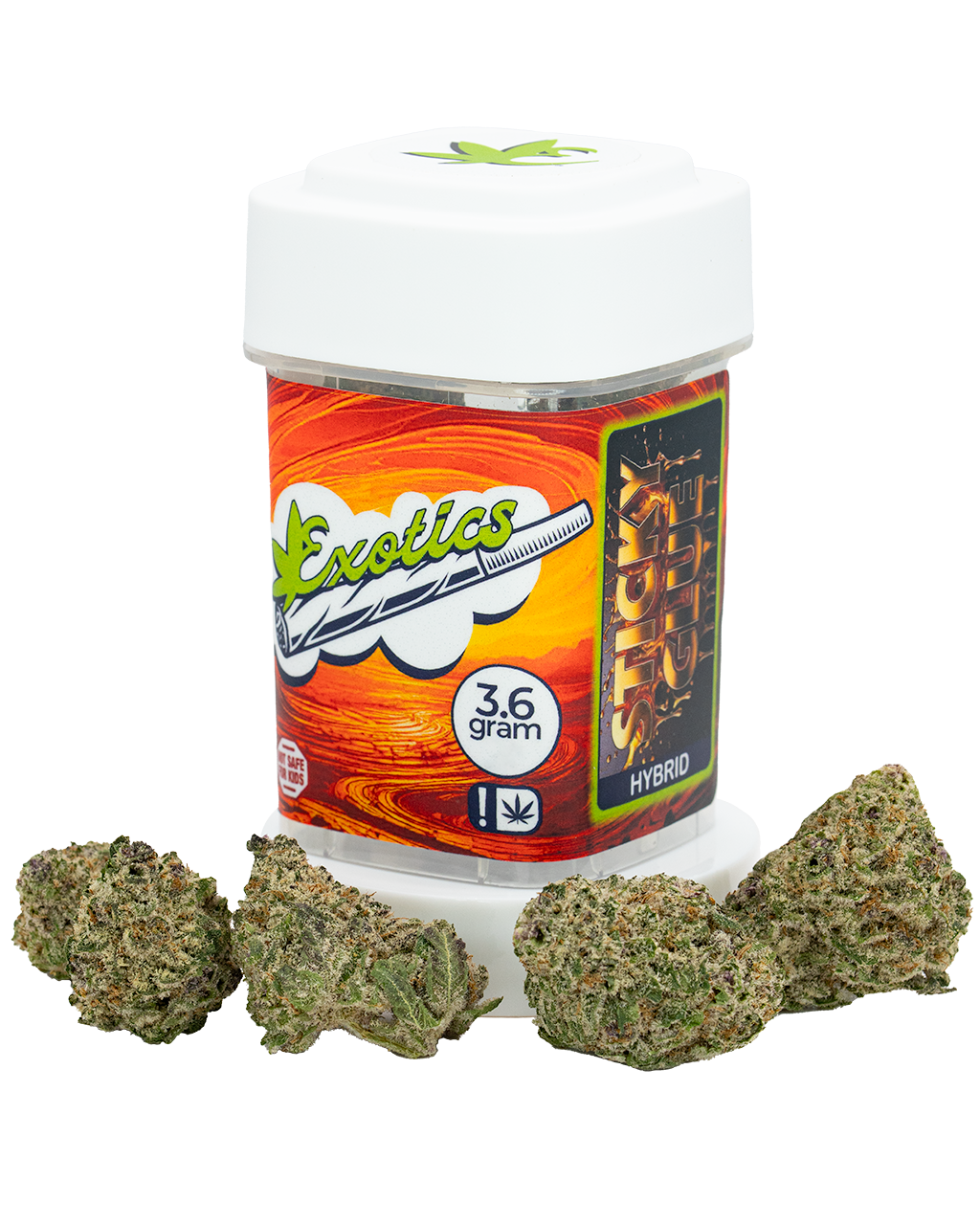 Exotics Sticky Glue hybrid cannabis strain container and flower buds